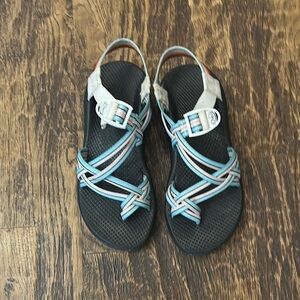 Chaco Black Sandals with Blue and Gray Straps